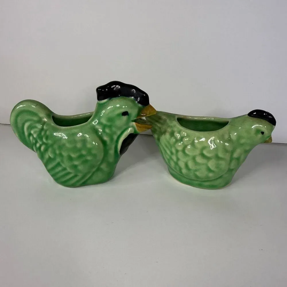 Vintage Green Ceramic Chicken Rooster Toothpick Holder Planter Set Japan MCM Kit